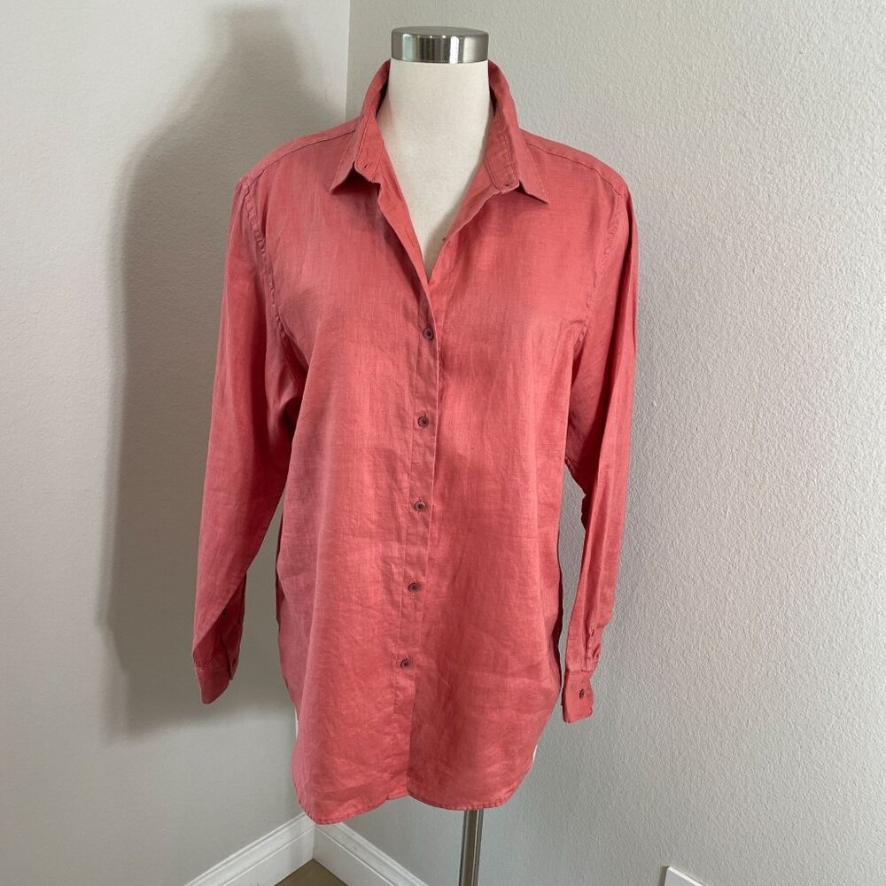 Uniqlo Womens Plus XXL Orange 100% European Premium Linen Long Sleeve Shirt Top‎